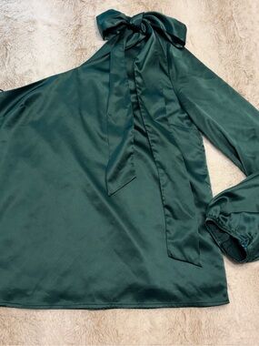 NSR Emerald Green Satin Bow-Neck Blouse asymmetrical, medium